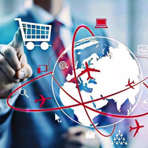 A man in a suit interacting with a visualization of a worldwide shipping network