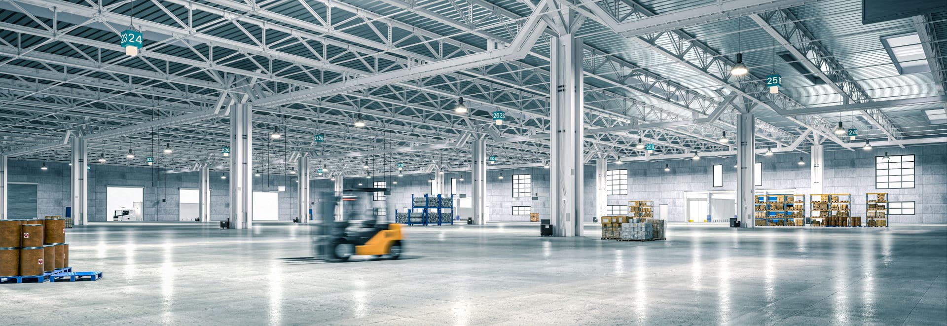 Forklift driving through a warehouse