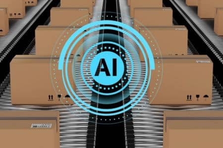 AI-powered warehouse automation with boxes on a conveyor system